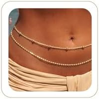 MOODEAR 14K Gold Plated Waist Chain for Women – Layered Waist Beads Belly Body Gold Silver Chai... | Amazon (US)