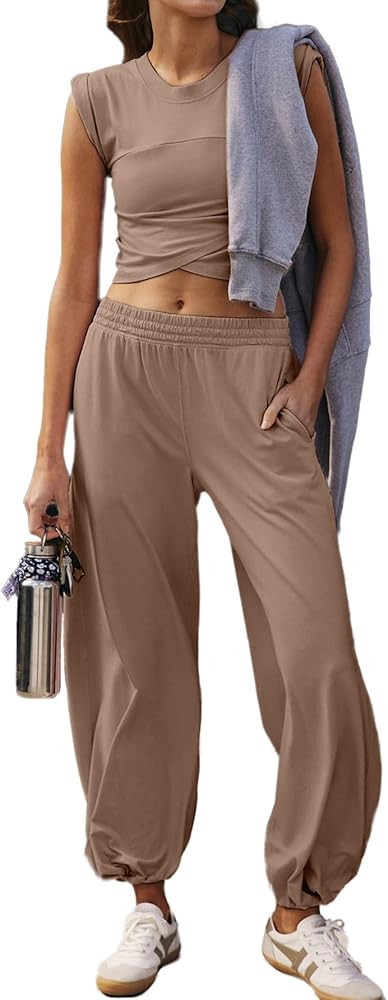 Glamaker Women's Two Piece Athletic Sets Casual Workout Sleeveless Cropped Tops High Sweatpants J... | Amazon (US)