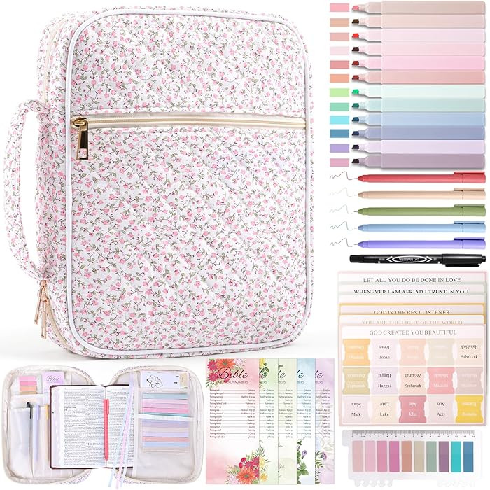 XKDOUS 30 Pcs Bible Cover Kit for Women Quilted Book Carrying Case Pink Bible Bag with Study Supp... | Amazon (US)