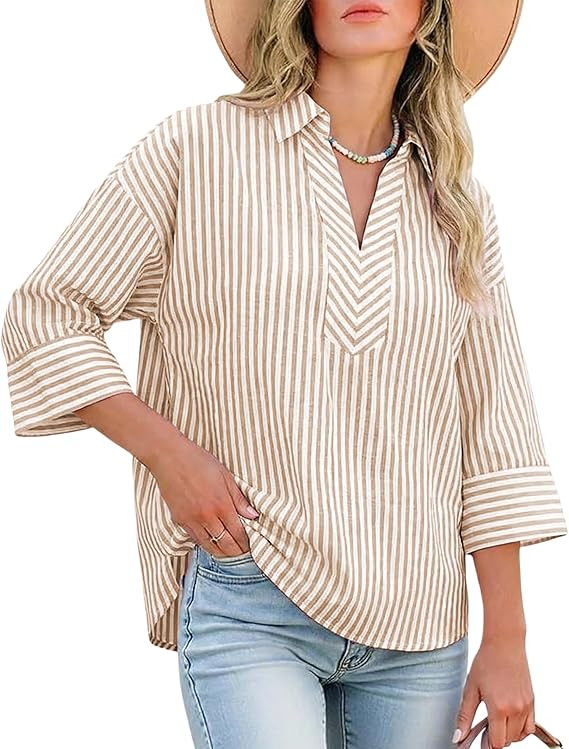 Watashi Women Striped Print Dressy Shirts Casual Oversize Henley Shirt 3/4 Sleeve Collared Office... | Amazon (US)