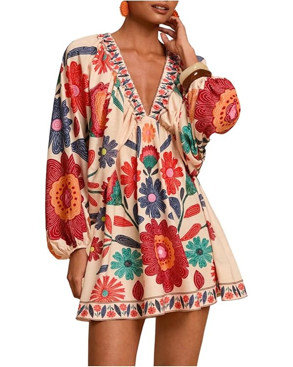 RoseSeek Women's Boho Floral V Neck Mini Dress Bishop Sleeve Tropical Dress | Tie Open Back, Vaca... | Amazon (US)