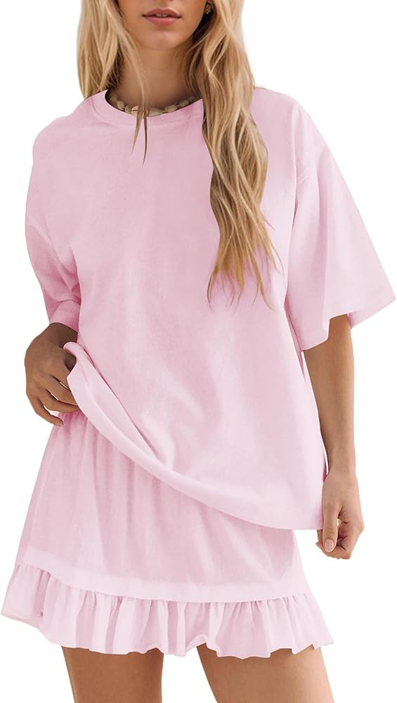 OLAPTA Women 2 Piece Summer Outfits Short Sleeve Crewneck Tee Tops and Tiered Ruffle Mini Skirts ... | Amazon (US)