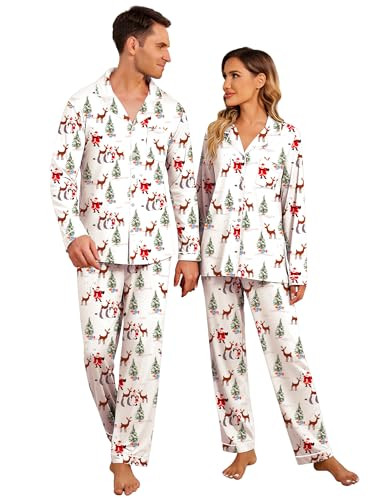Ekouaer Christmas Family Matching Pajamas Long Sleeve Button Down Pj Set Festival Party Sleepwear,White Pattern,Women,L | Amazon (US)