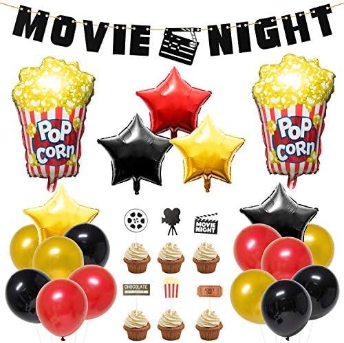 BeYumi 45 Packs Movie Night Theme Party Decorations Kit - Popcorn Star-Shaped Foil Balloons, Latex B | Amazon (US)