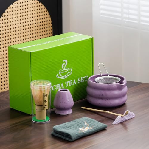 7Pcs Japanese Matcha Tea Set, Matcha Kit with Matcha Bowl (with Pouring Spout), Matcha Whisk, Whisk Holder, Strainer - Elegant Matcha Set for Gifting and Personal Use, Gift Box Packaging (Purple;) | Amazon (US)