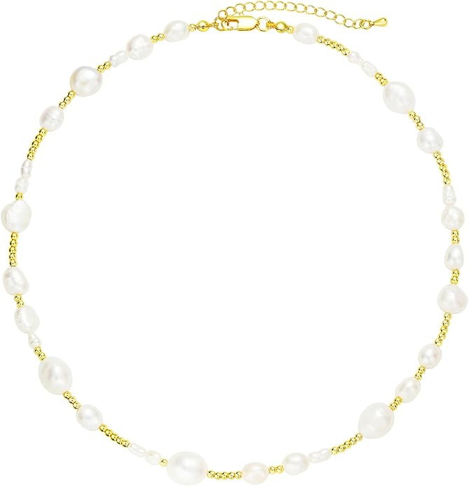 Handmade Freshwater Pearl 18K Gold Plated Brass Beaded Necklace - Holiday, Party, Summer Beach Ch... | Amazon (US)