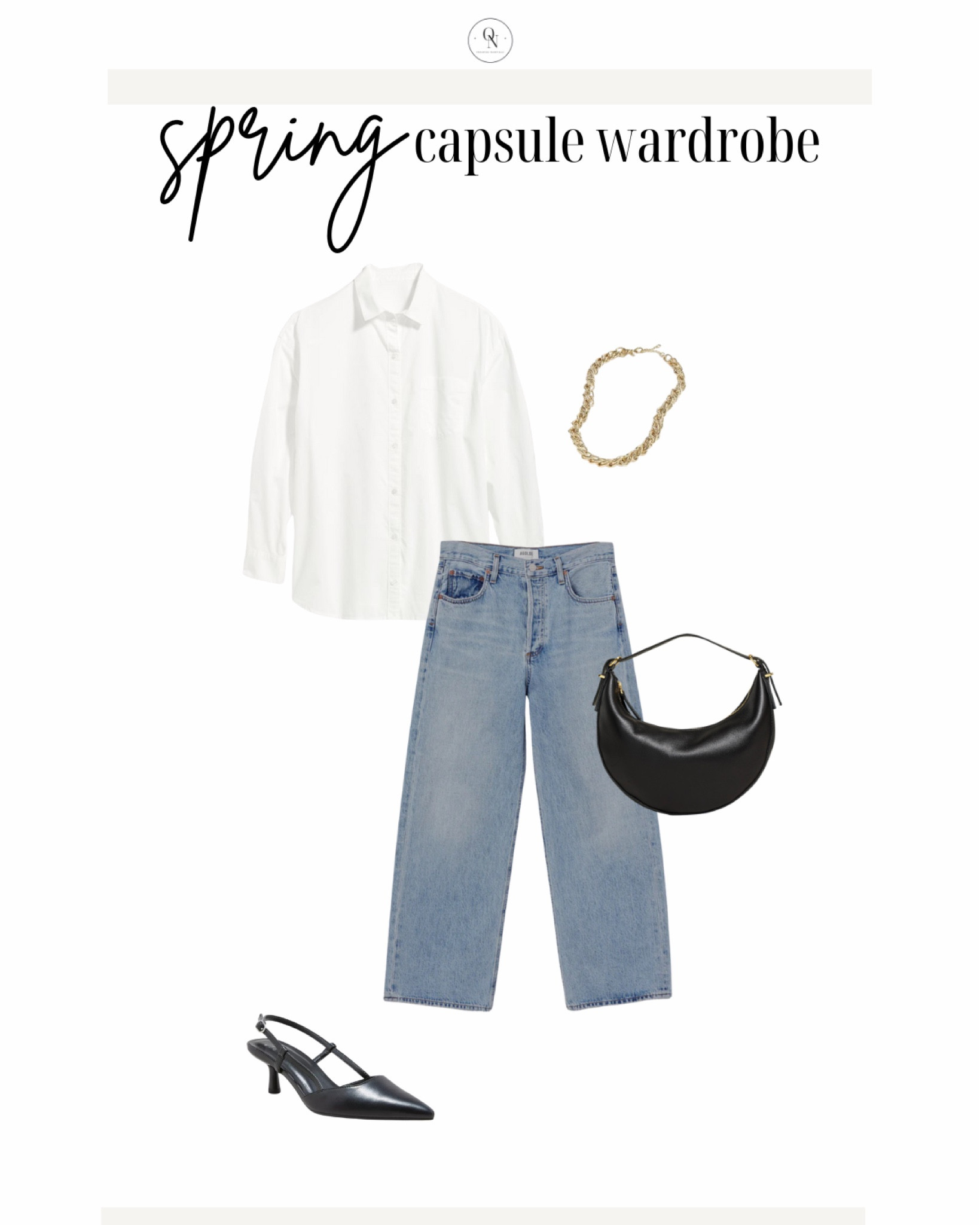 Spring outfit idea, jeans with sling backs, button down with jeans outfit 

The Spring Capsule Wardorbe is here! 18 pieces to make getting dressed easy, decrease decision fatigue and reduce your mental load this spring. All at a modest price point with all items including trench under $150.

1. Basic white tshirt
2. Cashmere sweater
3. Striped sweater
4. White button down
5. Black denim
6. Cream pants (not shown but linked)
7. Wide leg denim
8. Black blazer
9. Trench coat
10. Black mules
11. Cognac sandals
12. Black sling backs
13. Sneakers
14. Chain necklace
15. Black purse 
16. Black crossbody (not shown)
17. Cognac tote
18. Sunglasses

spring outfits, spring capsule, what to wear for spring, spring outfits for women, travel spring outfits, spring essentials, sprint closet essentials, spring wardrobe essentials

#LTKSpringSale #LTKSeasonal