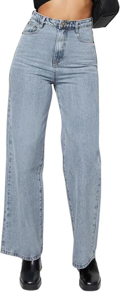 KDF Straight Leg Jeans for Women High Waisted Jeans Frayed Baggy Pants Raw Hem Loose Stretchy Cro... | Amazon (US)