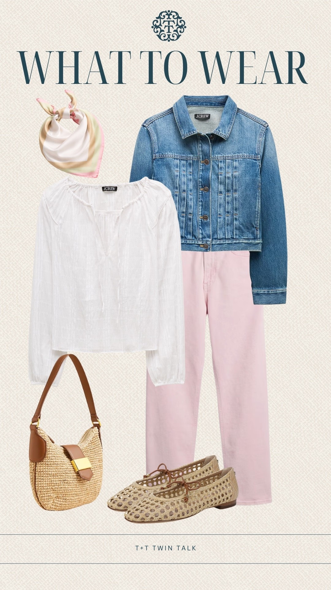 T+T, what to wear! We are loving this soft mix of pink denim with a classic white top and J.Crew layers. The Anthropologie scarf and woven bag add the perfect touch of texture and color.

#LTKSeasonal #LTKOver40 #LTKMidsize