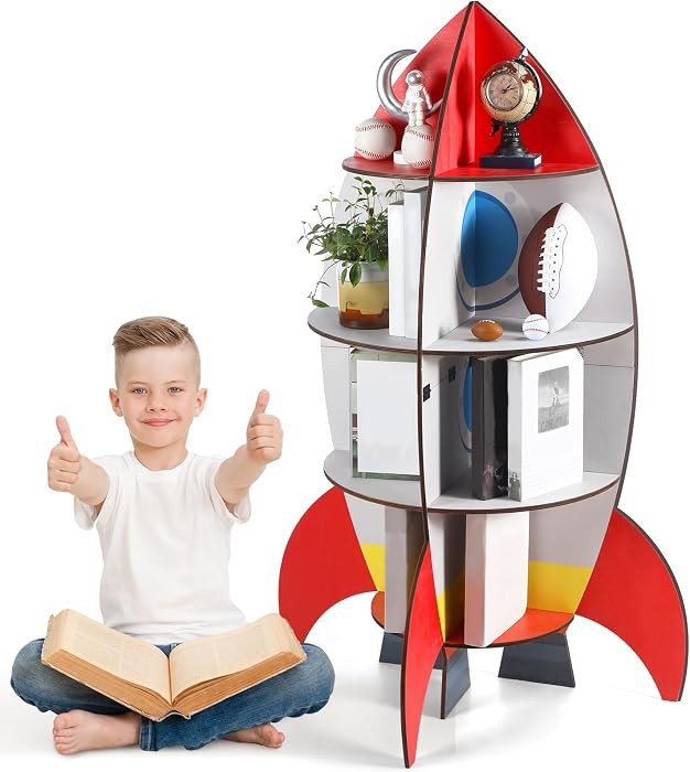 Lineshading Space Rocket Bookshelf Kids 4 Tier Wooden Toy Storage Organizer Display Cabinet Books... | Amazon (US)