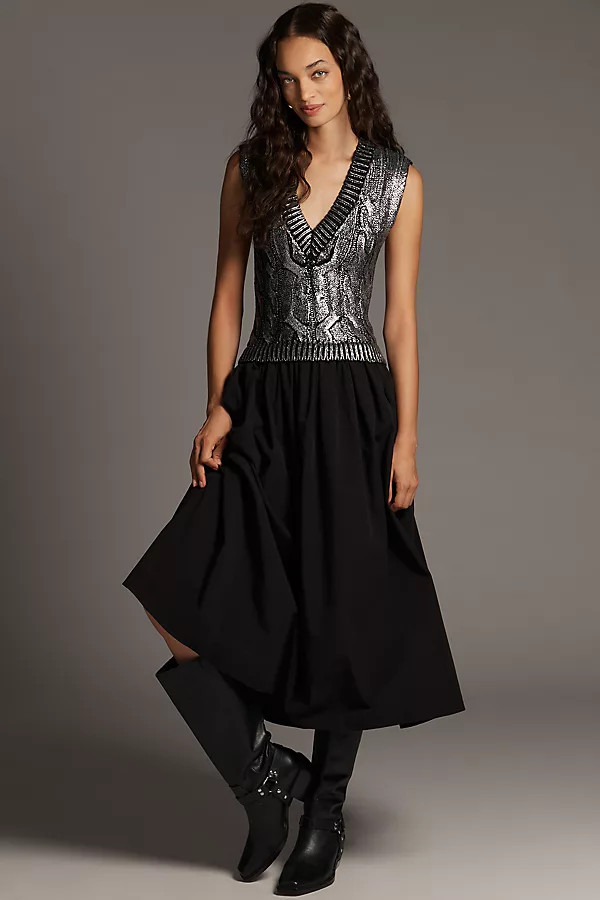 Pilcro Sleeveless V-Neck Foil Twofer Midi Dress | Anthropologie (US)