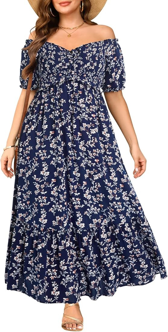 Plus Size Sun Dresses Women - Summer Off The Shoulder Puff Sleeve A Line Boho Maxi Flow Long Dres... | Amazon (US)
