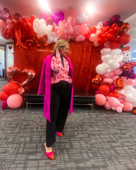 Valentine’s Day outfit, valentines look for office, vday office outfit, galentines day outfit ideas, valentines cold weather ootd, fuchsia winter coat, heart cardigan, black asos trousers, color block fuchsia and red pointed toe kitten heel flats, xoxo earrings 

#LTKworkwear #LTKSeasonal #LTKshoecrush
