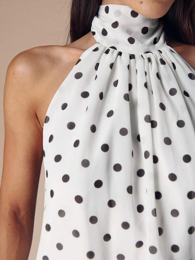 SHEIN BAE Black & White Polka Dot Backless Halter Neck Sexy Crop Top, Suitable For Music Festivals, Vacation | SHEIN