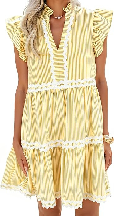 ZESICA Women's Summer Casual Mini Dress 2026 V Neck Flutter Short Sleeve Striped Ruffle A Line Be... | Amazon (US)