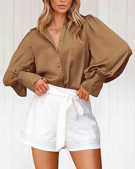 BTFBM Women's Satin Button Down Shirts Summer Fall Lantern Long Sleeve Lapel V Neck Blouse Loose ... | Amazon (US)