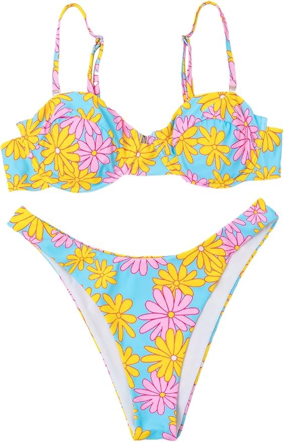 SOLY HUX Women's Floral Print Underwire Bikini Set Bathing Suits 2 Piece Swimsuits | Amazon (US)