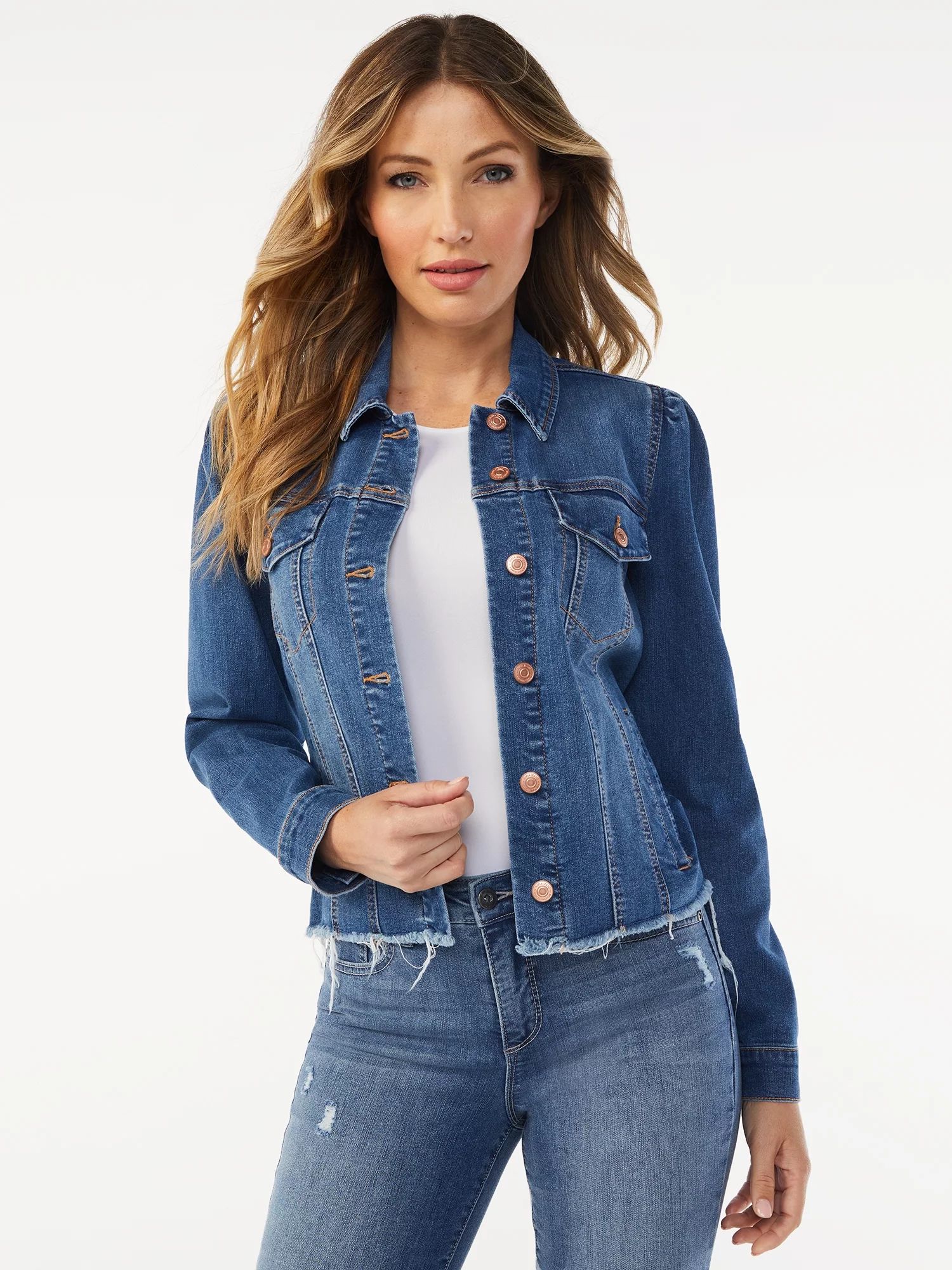 Sofia Jeans By Sofia Vergara Women's Cropped Puff Sleve Fray Hem Jacket | Walmart (US)