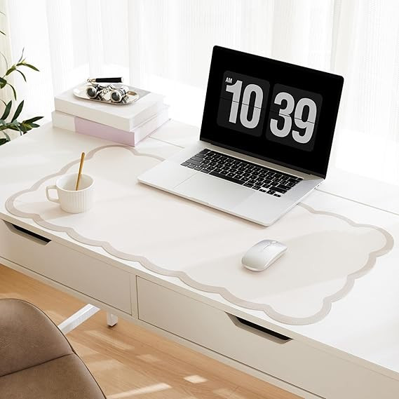 Ohocut Scalloped Desk Mat, 31.5" x 15.7" Large Cute Beige Khaki Aesthetic Desk Accessories, PU Le... | Amazon (US)