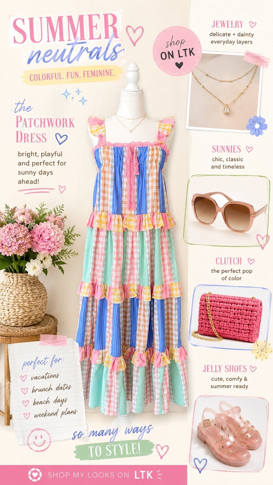 The patchwork print is bright, playful, and perfect for your summer vacations! Styled with neutral accessories this look can take you from day to night!
