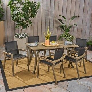 Shanter Outdoor Acacia Wood 7 Piece Dining Set with Mesh Seats by Christopher Knight Home - teak ... | Bed Bath & Beyond