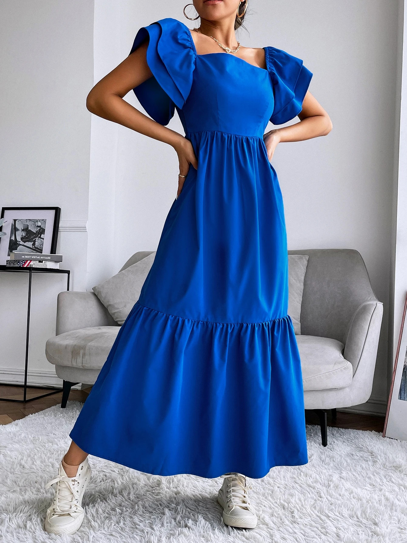 SHEIN Modely Layered Sleeve Ruffle Hem Dress | SHEIN