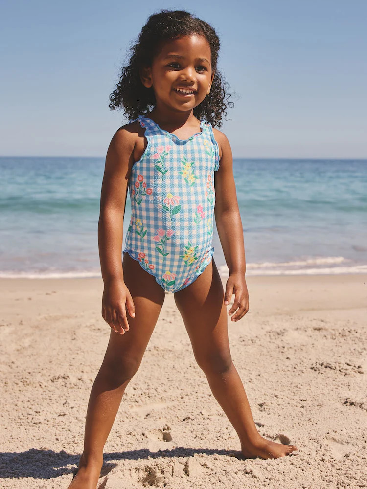 Blue Floral Gingham Lettuce Edge Swimsuit (3mths-7yrs) | Next US