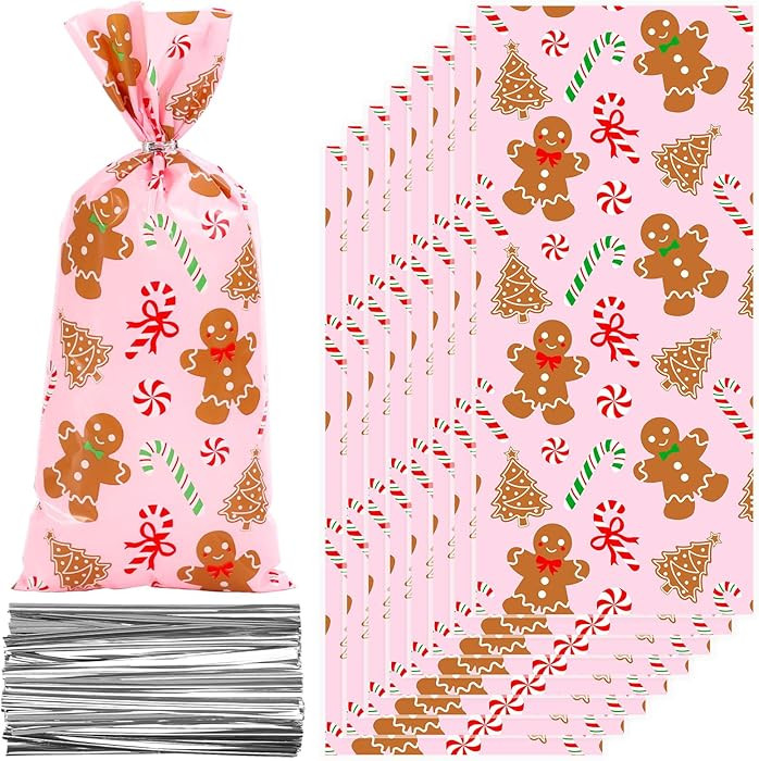 Whaline 100Pcs Christmas Cellophane Treat Bags Plastic Candy Goodie Bag Pink Gingerbread Man Cell... | Amazon (US)