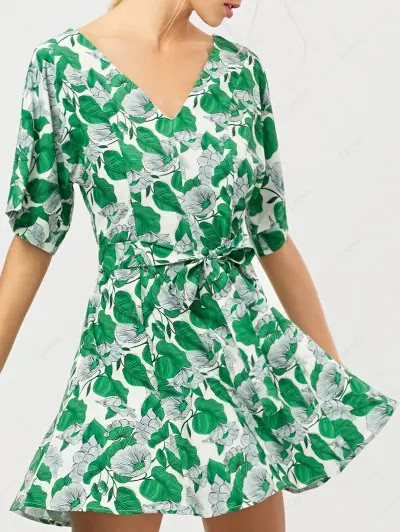 Belted Leaves Print Mini Dress | ZAFUL (Global)