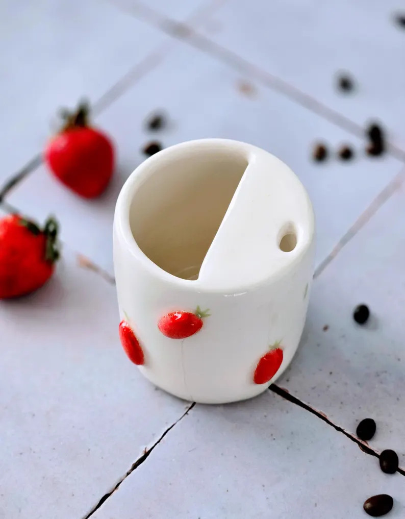 Travel Tumbler Coffee Cup Handmade Ceramic Mug Cute Strawberry Design Fun Gift for Her Travel Mug... | Etsy (US)