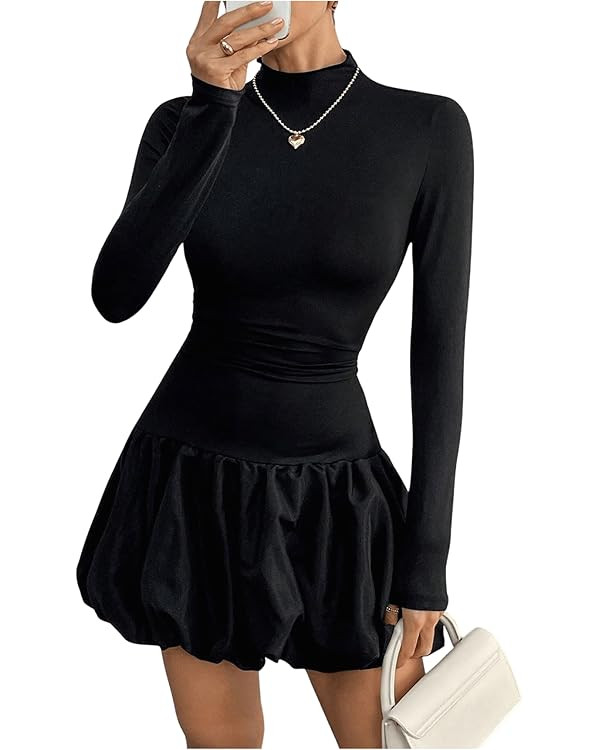 MakeMeChic Women's Mock Neck Long Sleeve Lettuce Trim Ruffle Slim Fit A Line Mini Dress | Amazon (US)