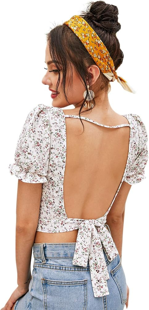 Floerns Women's Floral Print Square Neck Backless Tie Back Crop Top Blouse | Amazon (US)