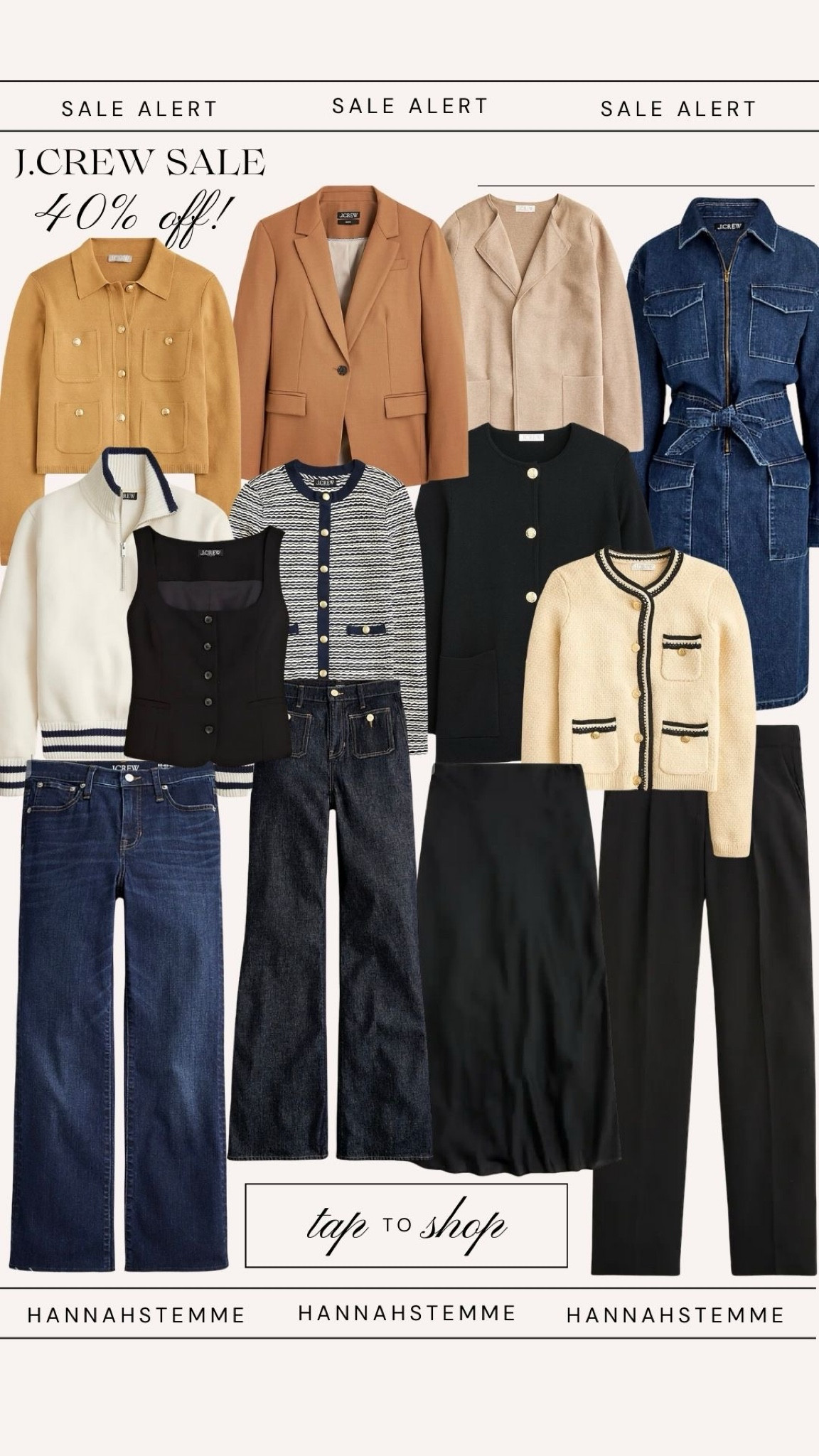 🎉 J.Crew 40% OFF Sale Alert! 🎉
Don’t miss out on incredible deals at J.Crew with 40% off sitewide! 

Perfect time to refresh your wardrobe with stylish essentials. 

Here are some top picks:

👗 Denim Utility Dress – A versatile piece for effortless style. 
🧥 Patch Pocket Sweater Lady Jacket – Cozy up in this chic, honey brown jacket. 
🧶 Contrast Trim Cardigan Sweater – A stylish touch for any outfit. 
💼 Juliette Collarless Sweater Blazer – Elevate your look with this sophisticated piece. 
👖 Mid-Rise Cropped Kickout Jean – Trendy and comfortable denim must-have. 
🧥 Shrunken Cardigan in Jacquard Cotton Blend – Perfect for layering. 
👖 Sailor Denim Trouser – Classic wide-leg style in ecru. 
👚 Scoopneck Vest in Drapey Crepe – Effortless elegance for any occasion. 
🖤 Essential Pant in City Crepe – Chic and versatile for day-to-night wear. 
🧥 Giselle Sweater Blazer – Add a touch of sophistication to your look. 
👗 Gwyneth Slip Skirt – A classic black skirt for any wardrobe.
🧥 Heritage Fleece Half-Zip Sweatshirt – Cozy and stylish for cooler days. 
🧥 Helena Blazer in Wool-Blend Flannel – Perfect for a polished look. 

🛍️ Shop now and enjoy 40% off! 🛍️

#LTKWorkwear #LTKSaleAlert #LTKStyleTip