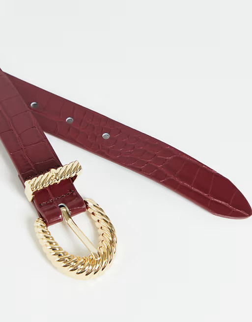 Monki faux leather croc belt in burgundy | ASOS (Global)