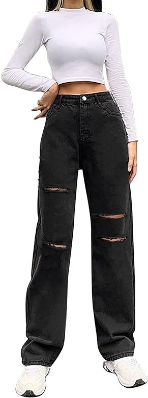 Womens Baggy Jeans for Teen Girls Y2K Pants High Waisted Ripped Boyfriend Distressed Grunge Jeans Tr | Amazon (US)