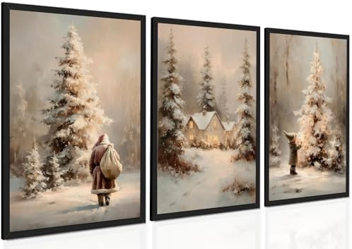 Vintage Christmas Tree Forest Canvas Wall Art Pictures Painting Set of 3 Nordic Rustic Cottagecor... | Amazon (US)