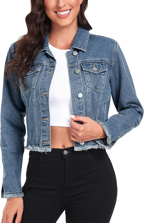 Anienaya Jean Jacket Women’s Frayed Washed Button Up Cropped Denim Jacket w 2 Side Pockets | Amazon (US)