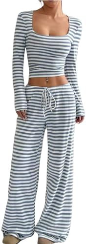 Womens Striped 2 Piece Sets Square Neck Top Cropped Tunic Wide Leg Pants Casual Lounge Sweatsuits... | Amazon (US)