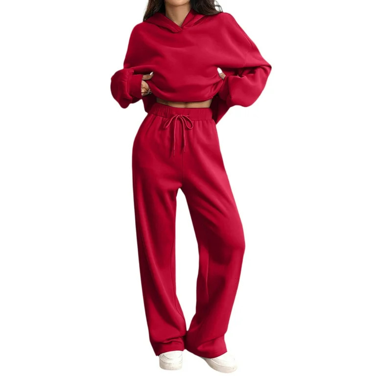 Women's 2 Piece Sweatshirt Sweatsuit Set Wide Leg Sweatpants Casual Lounge Outfit With Pockets Re... | Walmart (US)