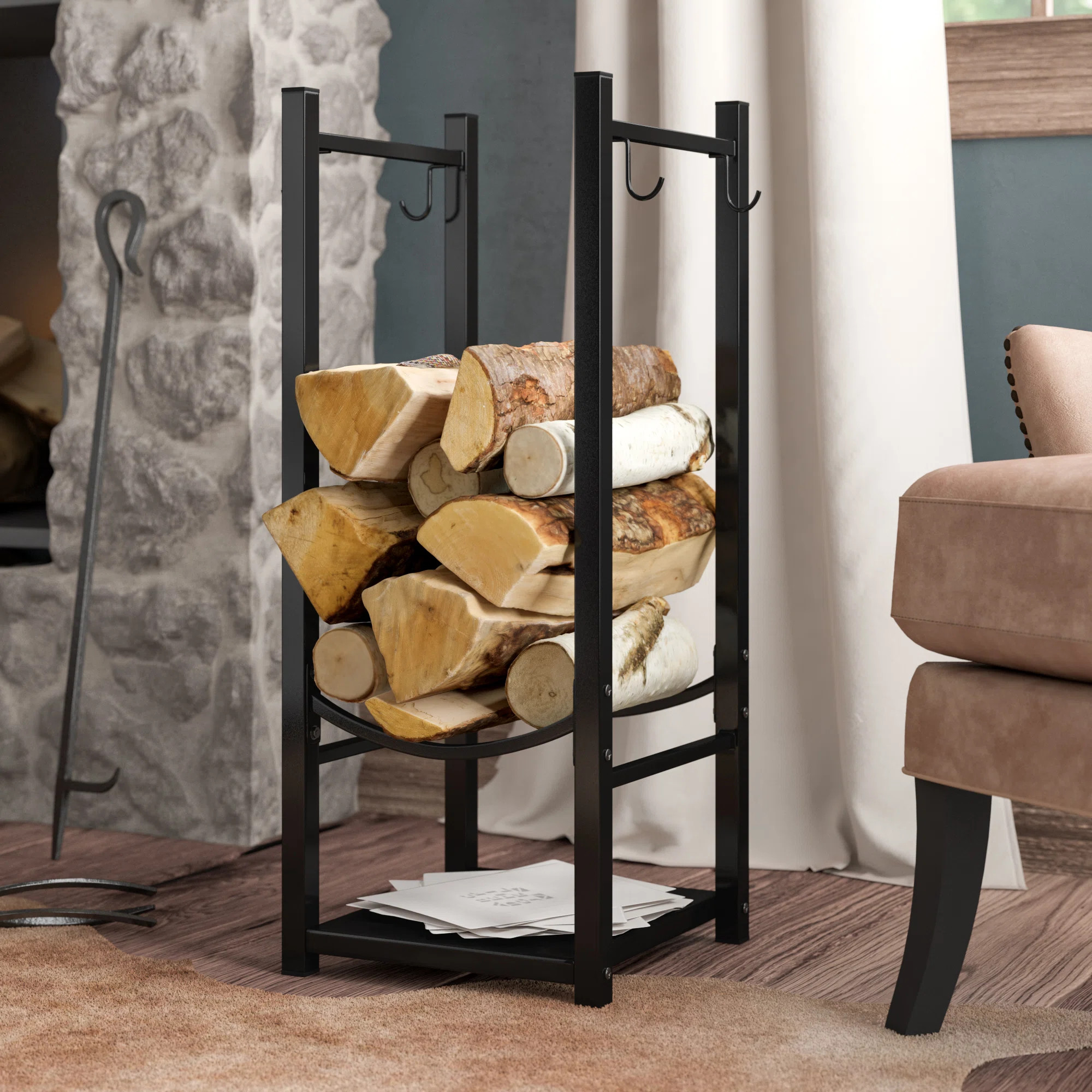 Bedworth 32" Indoor or Outdoor Steel Firewood Log Holder with Tool Hooks | Wayfair North America