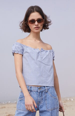 John Galt Blue & White Gingham Clarisse Off-The-Shoulder Top | PacSun