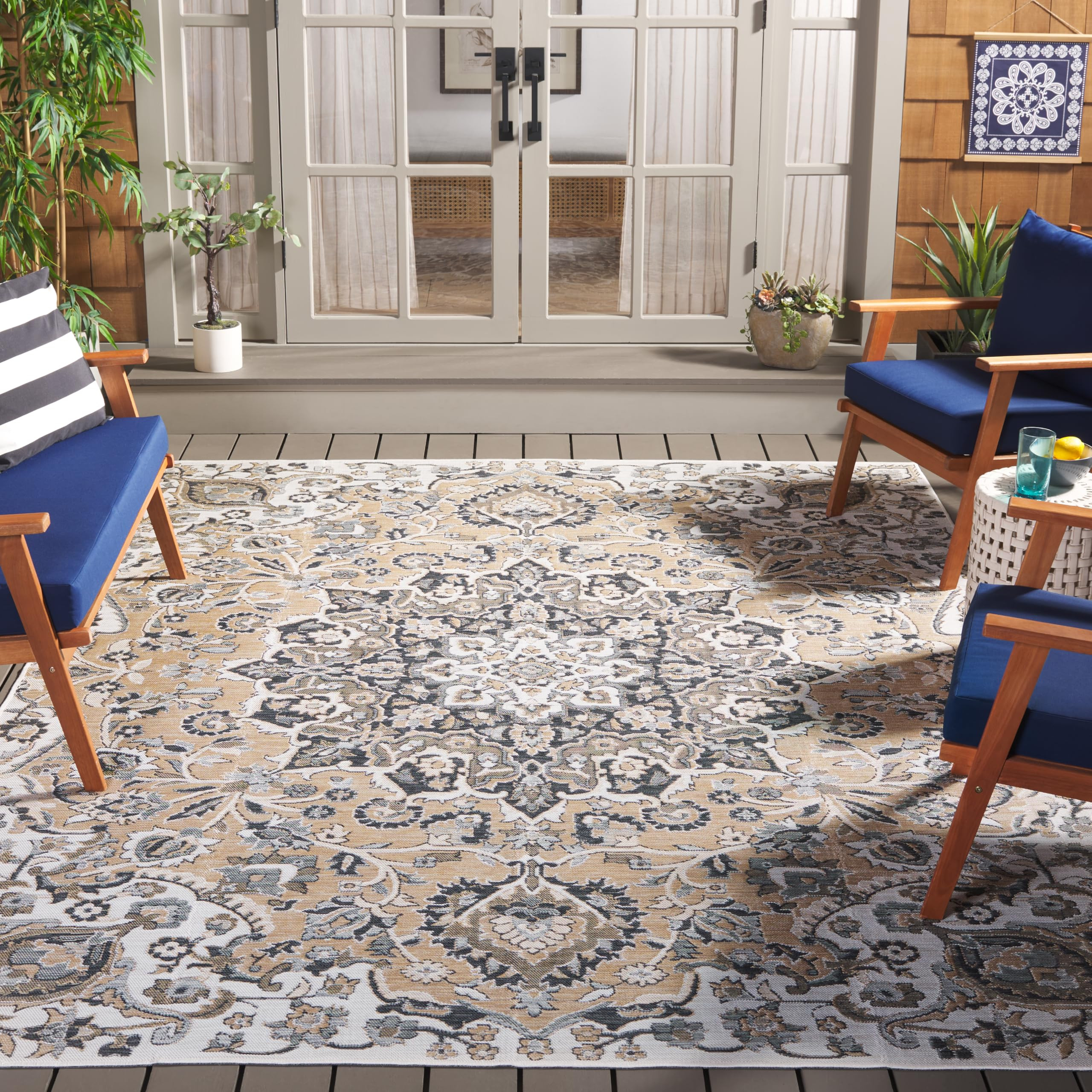 SAFAVIEH Washable Rug Outdoor Sunrise Collection - 8' x 10', Grey & Beige Black, Non-Shedding & Easy to Clean, Ideal for Patio, Backyard, Mudroom (SUN696F) | Amazon (US)