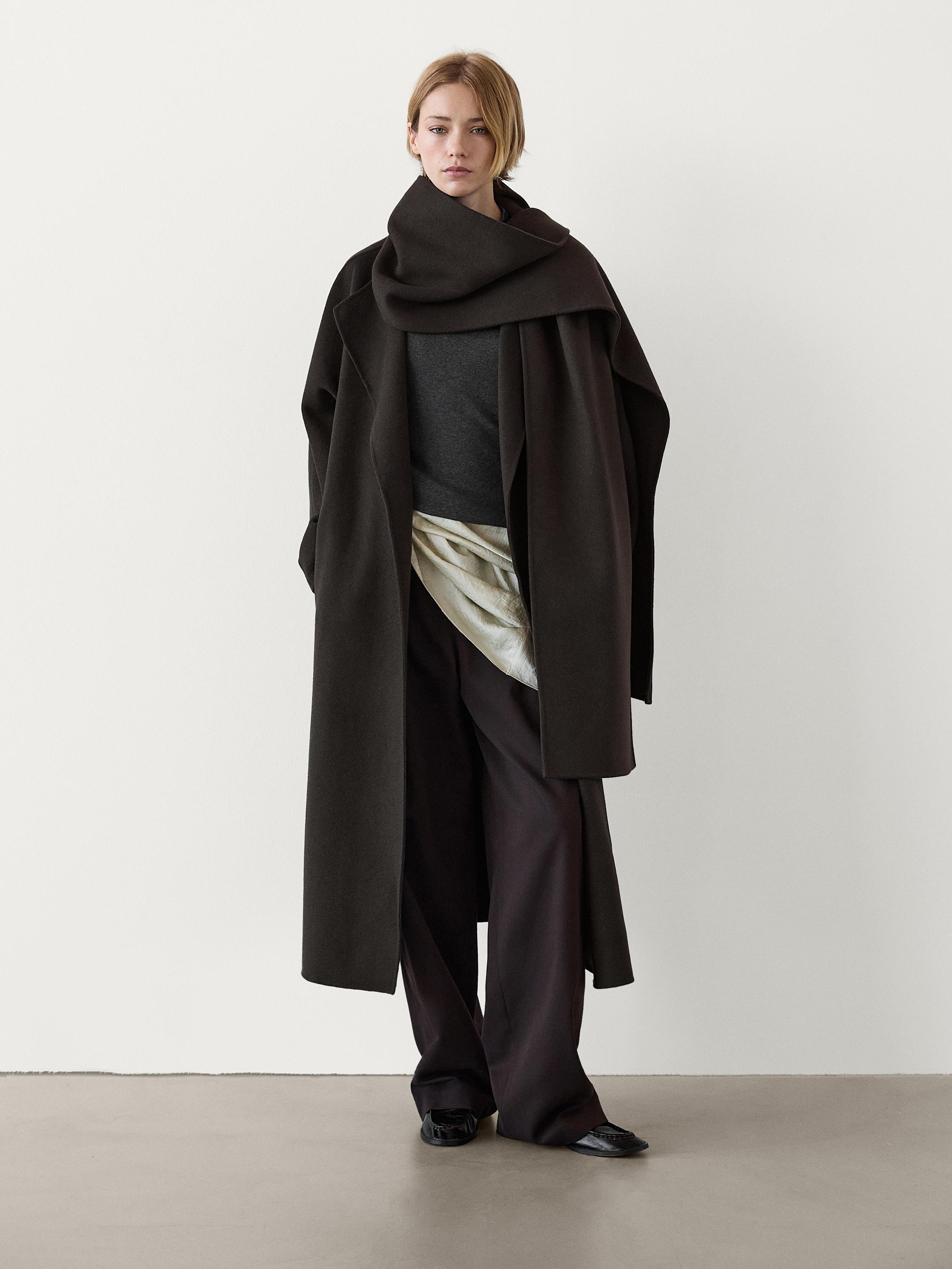 Wool blend coat with scarf  £369.00 Mid-length wool blend coat.  With built-in detachable scarf.... | Massimo Dutti UK