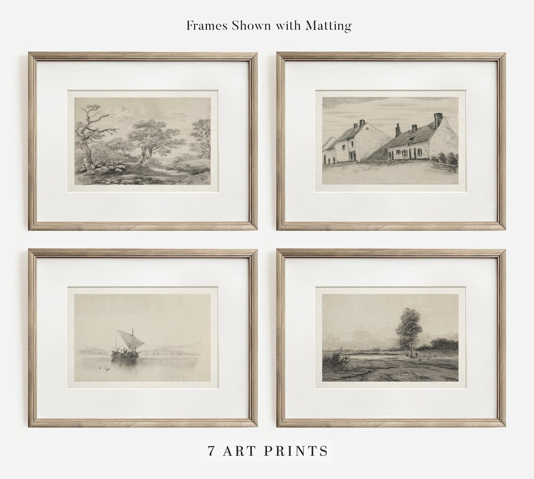 Vintage Neutral Landscape Sketch Art Print Set of FOUR | Beige Tonal Aesthetic Decor Wall Art Set... | Etsy (US)