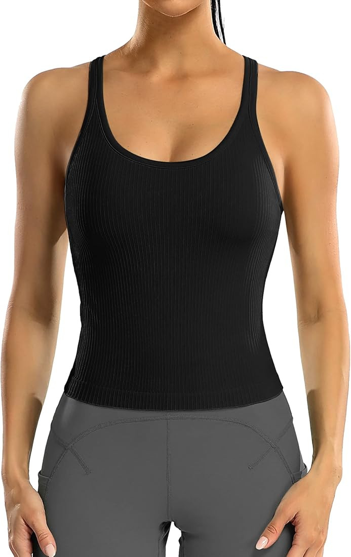 ATTRACO Women Ribbed Workout Crop Tops with Built in Bra Yoga Racerback Tank Top Tight Fit | Amazon (US)