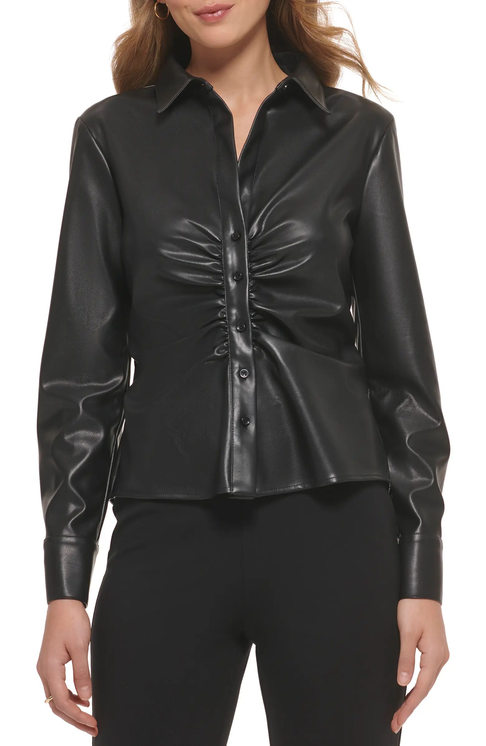 Ruched Faux Leather Button-Up Blouse | Nordstrom