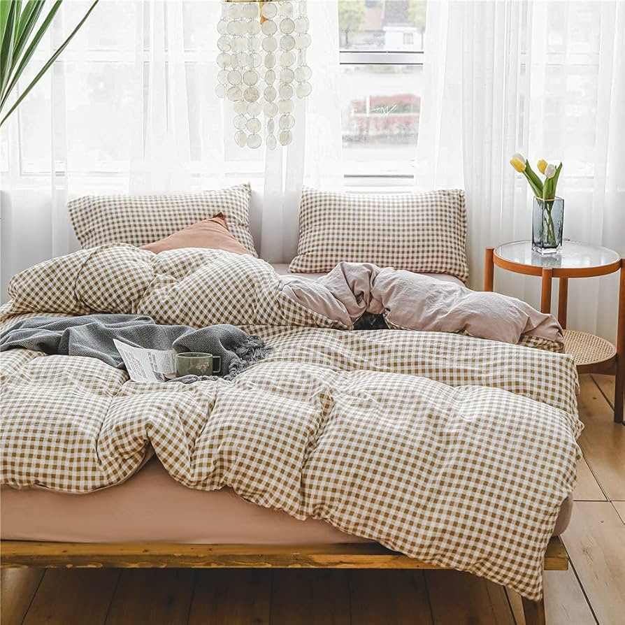 NSNLGSGC Queen Tan Grid Duvet Cover Set - Washed Microfiber Plaid Comforter Cover Set Brown Soft ... | Amazon (US)