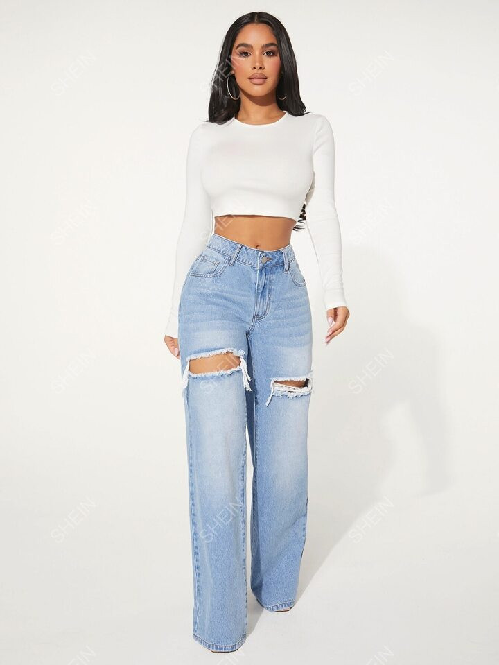 SHEIN SXY Single Button Cut Out Ripped Frayed Wide Leg Jeans | SHEIN