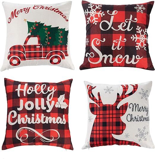 JOYIN Christmas Buffalo Plaid Pillow Covers with Rustic Farmhouse Design (4 Pack), 18x18 Inch Chr... | Amazon (US)