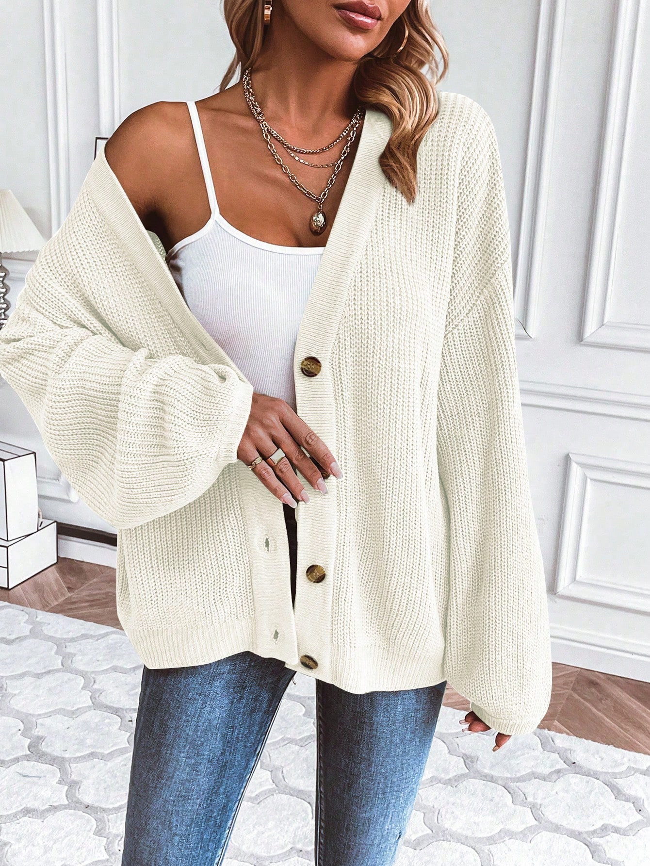 SHEIN Essnce Spring & Summer White Lantern Sleeve Button Up Loose Knit Cardigan | SHEIN USA | SHEIN
